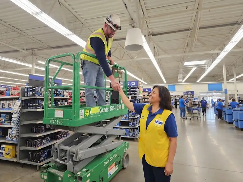 electrician working in lift shaking hands with retail employee